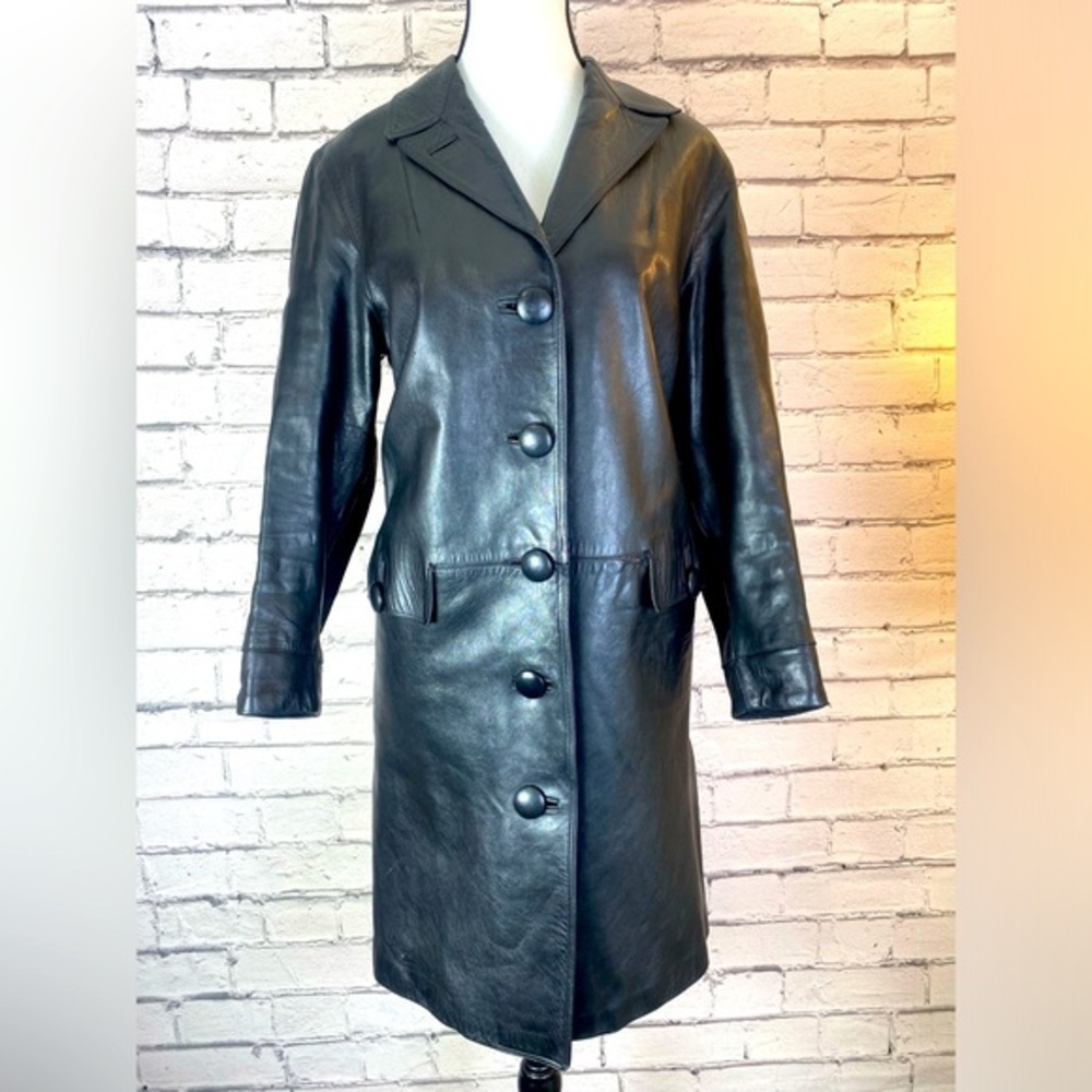 Stanley Blacker Black Vintage Long Leather Trench Jacket size Medium/Large EUC